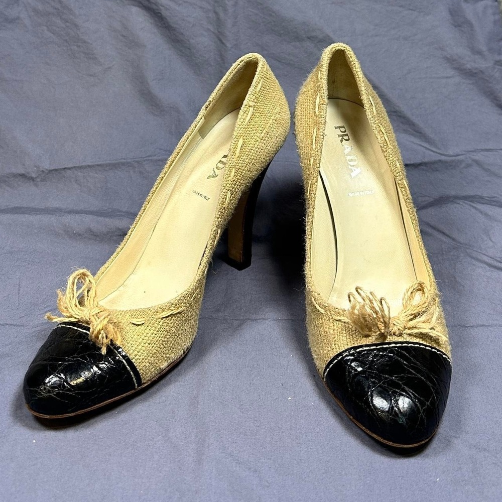 Prada Burlap Linen & Black Leather Cap Toe Bow Heels EU 38 Cottagecore Coquetteโ